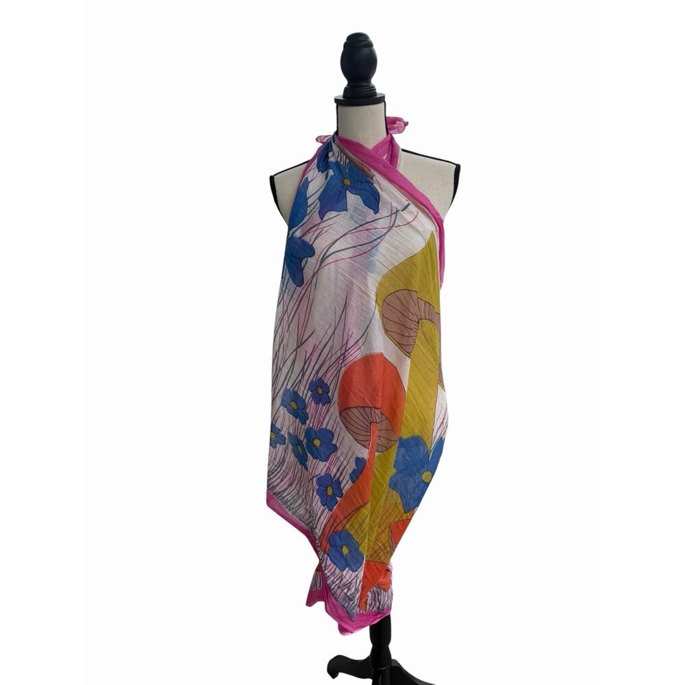 Vintage Mushroom Floral Scarf Psychedelic Boho Cottagecore Wrap Cover Up 70s - Picture 4 of 5